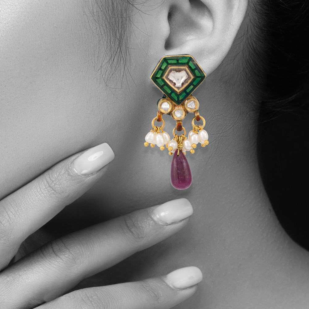 Green Talaf Polki Neacklace Set with Ruby Colour Drops